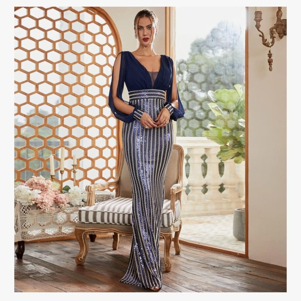 Women’s Formal V Neck Cold Shoulder Sequin Maxi Dress, Bodycon Long Split Sleeve